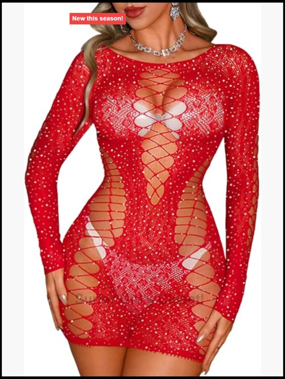Sexy Fishnet Bodystocking Long Sleeve Rhinestone Exotic Dancewear